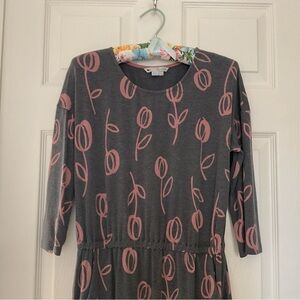 Boden Dress Hettie Tulip Pattern Gray Pink Pockets 3/4 Sleeve Elastic at Waist 6
